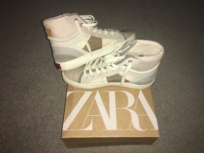 ZARA MENS HI TOP TRAINER BOOTS, SILVER, GREY CREAM