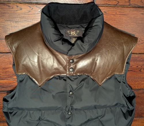 RRL DOUBLE RL Ralph Lauren Leather York Down Puffer Western Vest Black Brown - L - Picture 6 of 19