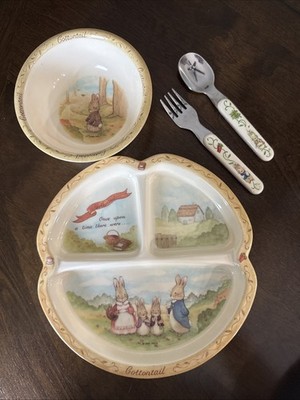 Vtg PECO Melamine Peter Cottontail Beatrix Potter Child Plate, Bowl, Spoon & Frk