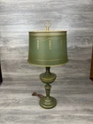 Vintage Green & Gold Toleware Metal Lamp With Original Milk Glass Shade!