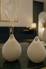 White Ceramic Vase Set of 2 Nordic Matte Ribbed Decorative Vases for Pampas