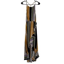 Soprano Mustard Green Black Striped Faux Wrap Sleeveless Hi-Low Maxi Dress Small