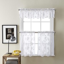 Sibella Lace Kitchen Curtain Window, Rod Pocket, 14 in Valance, White