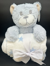NWT Silver One Blue Plush Teddy Bear and White Baby Blanket Blue Stars Set