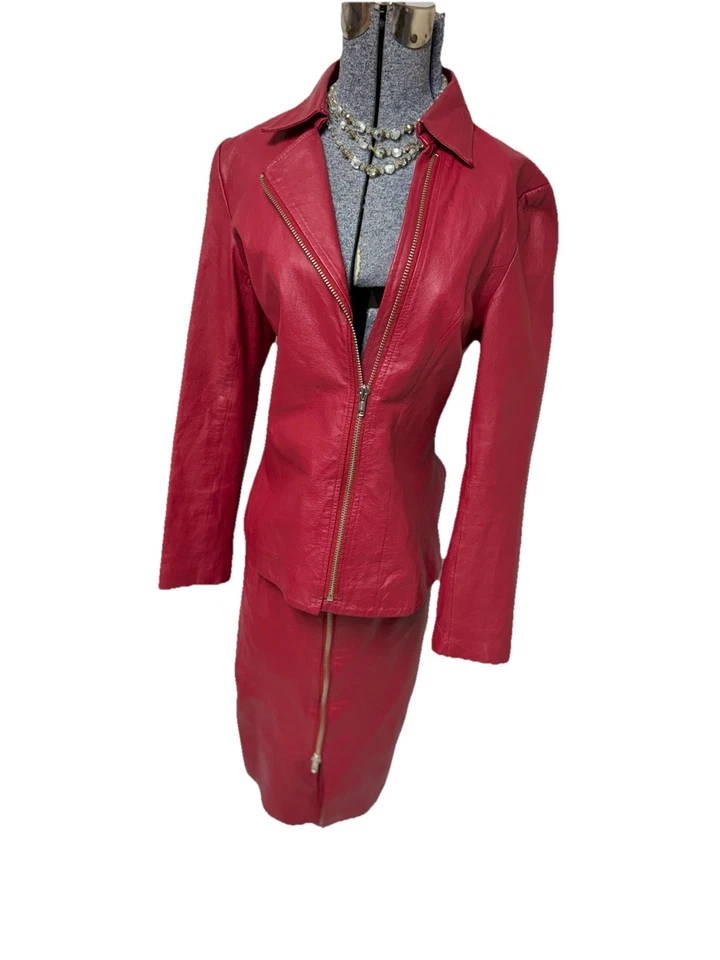 Traje Falda Cuero Rojo Talla 10 Conjunto Dos Piezas Y2K Vintage Moto Cremallera PLS LEER MÁS Foto 3 de 4