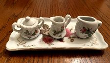 Vtg. porcelain mini doll size rose tea set-6" tray,pitcher. creamer, bowl w/lid