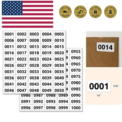 1-1000 Consecutive Number Inventory Labels Stickers Sheets, 1.5'' x 0.75''