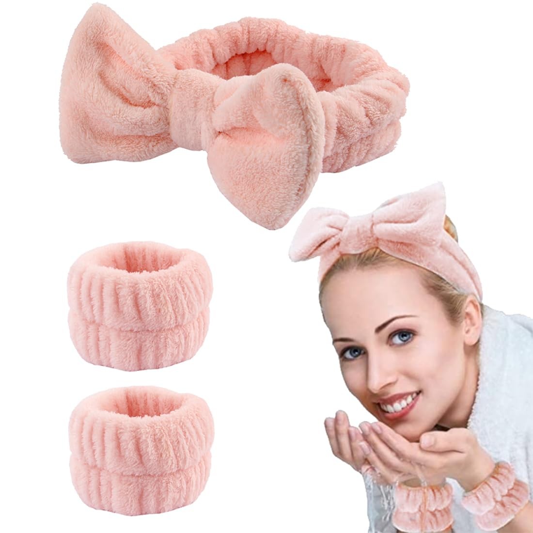 Spa Headband Wristband 3 Piece Face Washing Set Wellness (Light Pink)