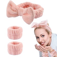 Spa Headband Wristband 3 Piece Face Washing Set Wellness Light Pink 