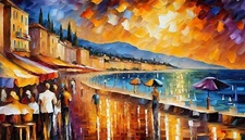 Leonid Afremov CANNES BEACH PROMENADE Oil Painting 25"x15" by Official GICLEE