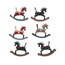 Lot 6 Vintage Wooden Rocking Horse Ornaments Folk Art Christmas 1980s