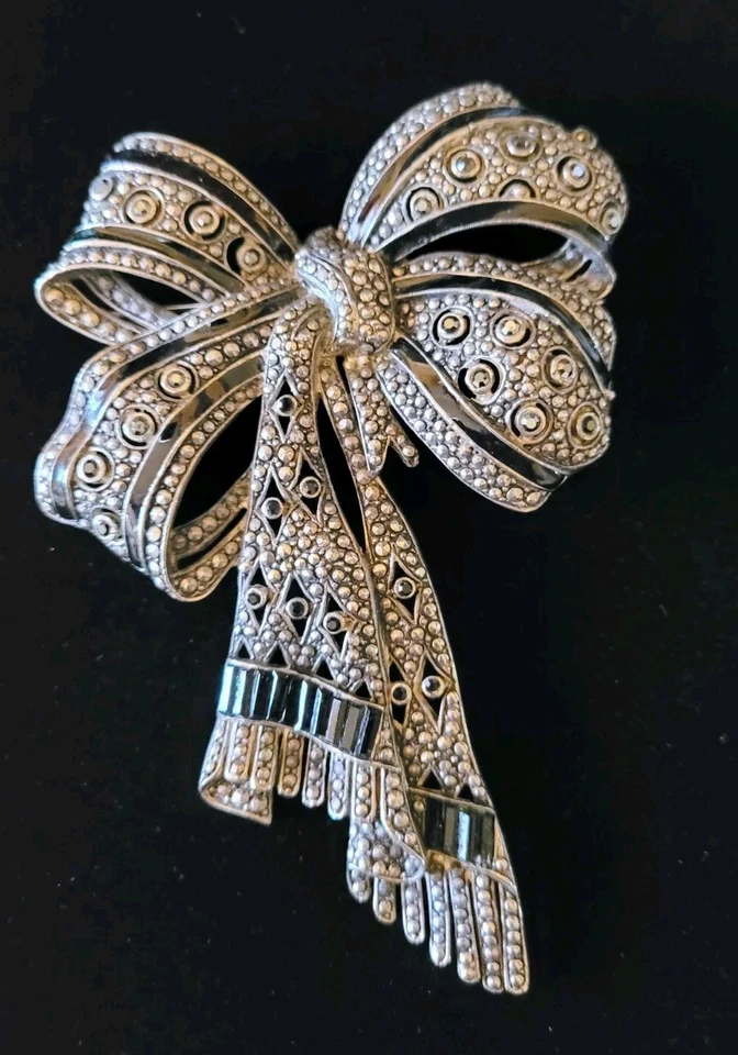 Art Deco Retro Revival Marcasite Large 4.5" Pin Ribbon with Black Stone Trim