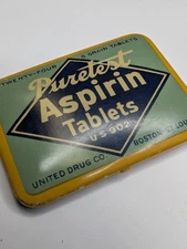 1940s Puretest Aspirin Tablets Vtg Tin Boston United Drug Medical Advertising E1