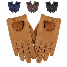 Men's Genuine Leather Driving Gloves Classic Perforated Soft Grip Black Gloves