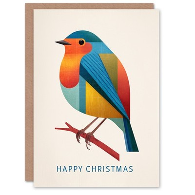 Weihnachtskarte bunt geometrisch Rotkehlchen Vogel auf Ast