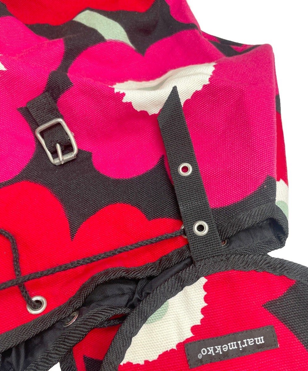 Marimekko Backpack Canvas Floral Pattern Black, Red ＆ Pink Flower