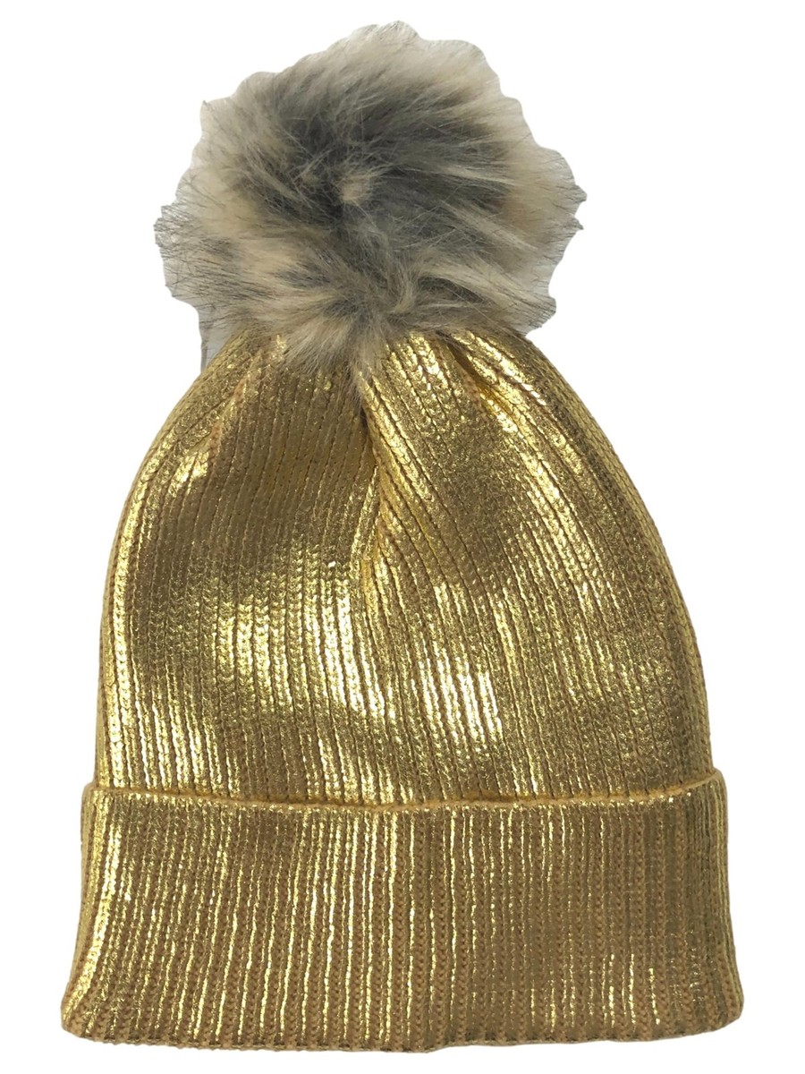 Womens Metallic Yellow Gold Pom Beanie Cuffed Stocking Cap  display picture 1