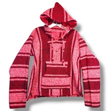 Baja Surf Hoodie Mexico Poncho Drug Rug Sz M C42" Pink Red Striped Woven Sweater