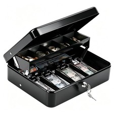 Portable Metal Cash Box with Key Lock and Money Tray Fits Secure Storage