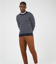 Ben Sherman All Over Geometric Design Crew Neck Navy  Whte Sweater in Marine XL