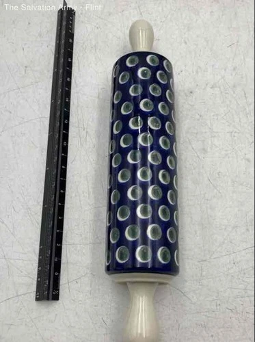 Ceramic Polish Pottery Blue White Green Dot Pattern Baking Tool Rolling Pin