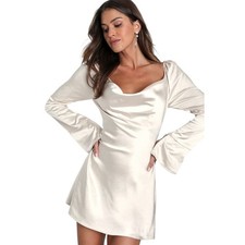 GUC Lulus Sensational Fate Champagne Satin Cowl Neck Mini Dress Party Women’s S
