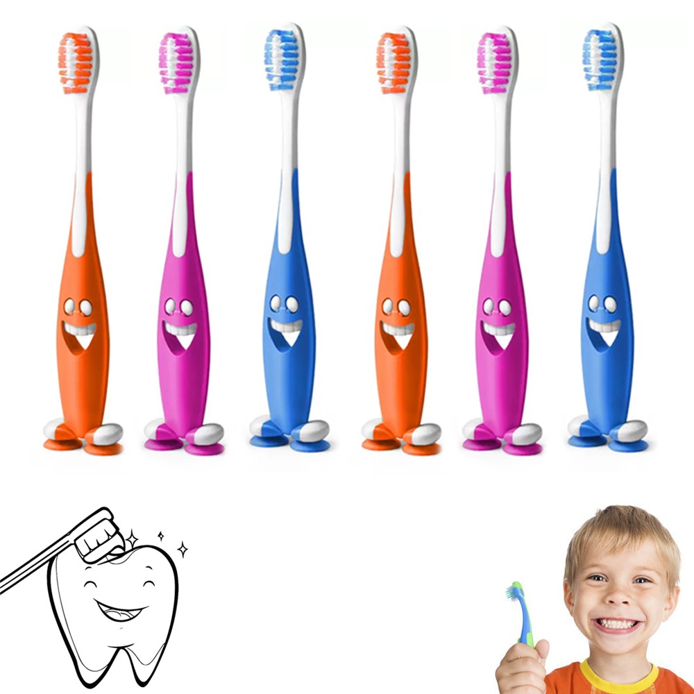 6 Smiley Toothbrush Suction Cup Stand Soft Bristles Kids Tod