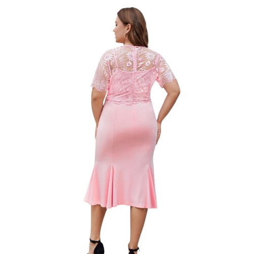 Plus Size Women Round Neck Short Sleeve Solid Lace Printed Midi Dress Party Gown - Picture 22 of 36