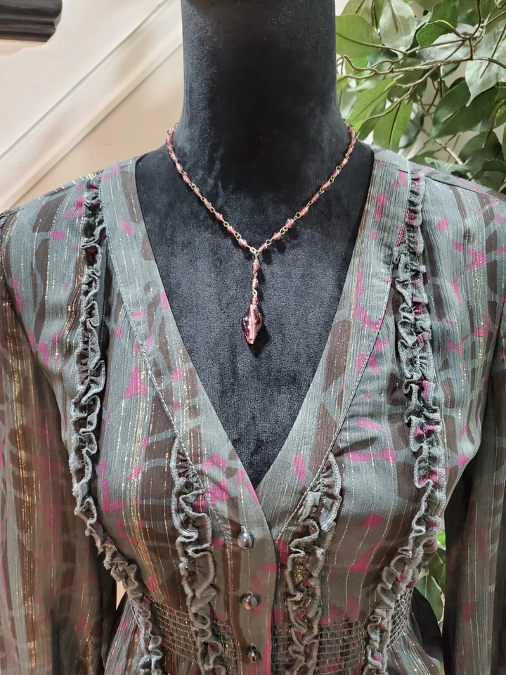 DKNY Womens Gray 100% Polyester V Neck Button Front Ruffle Trim Top Blouse Small - Image 2 of 4