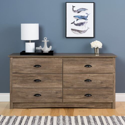 Rustic Brown Gray Wooden 6 Drawer Dresser Chest Drawers Clothes Storage Cabinet - Picture 2 of 5