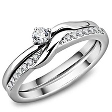 Silver ring set solitaire elegant wedding band engagement womens steel