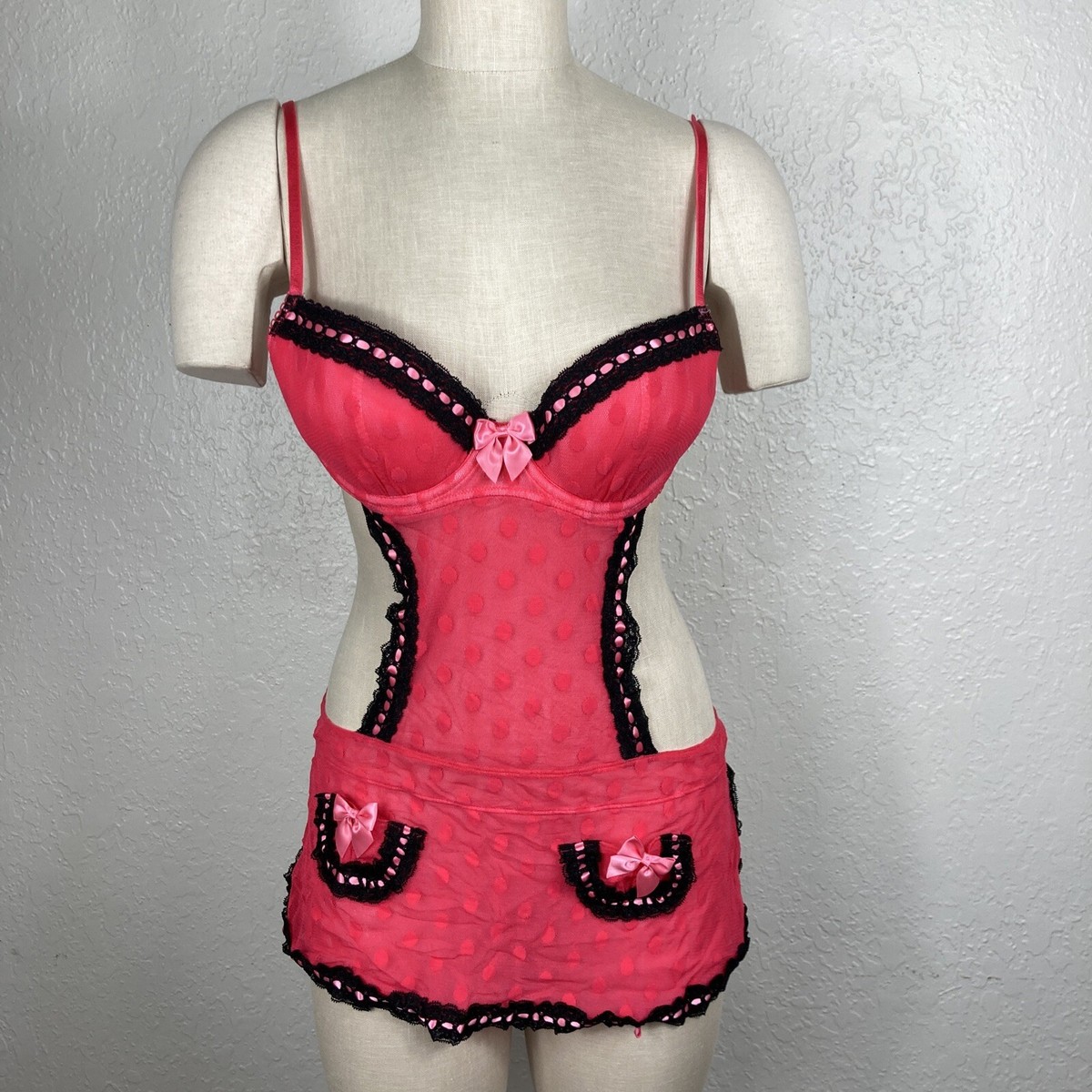 Victoria's Secret Sexy Little Things Pink Maid Lingerie Black Lace Swiss  Dot 36B
