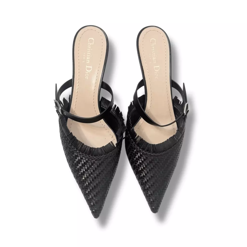 Sandales CHRISTIAN DIOR en peau d'agneau tissée Teddy D mulet noires talons chaton pointure 38,5
