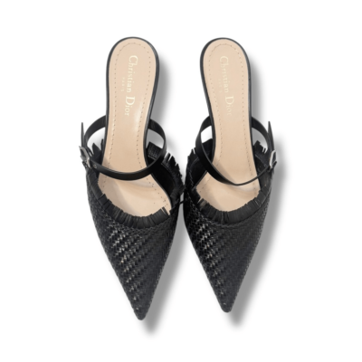 CHRISTIAN DIOR Lambskin Woven Teddy D Mule Sandals Black Kitten