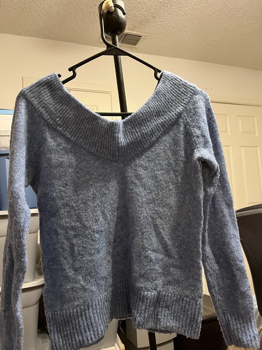 H M Women s Low V Neck Off the Shoulder Knit Sweater Size XS Blue