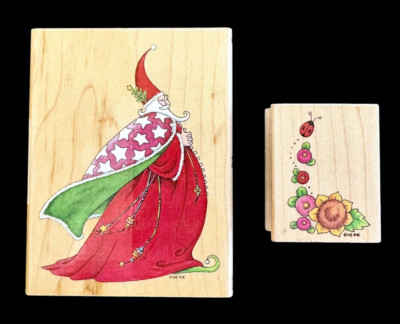 2 Mary Engelbreit ME Rubber Stamps CHRISTMAS WIZARD & FLORAL CORNER 815J & 443E