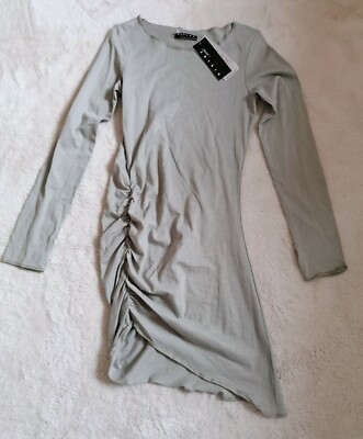 *SISLEY* Jerseykleid Shirtkleid langarm khaki seitlich gerafft 128/134 NEU