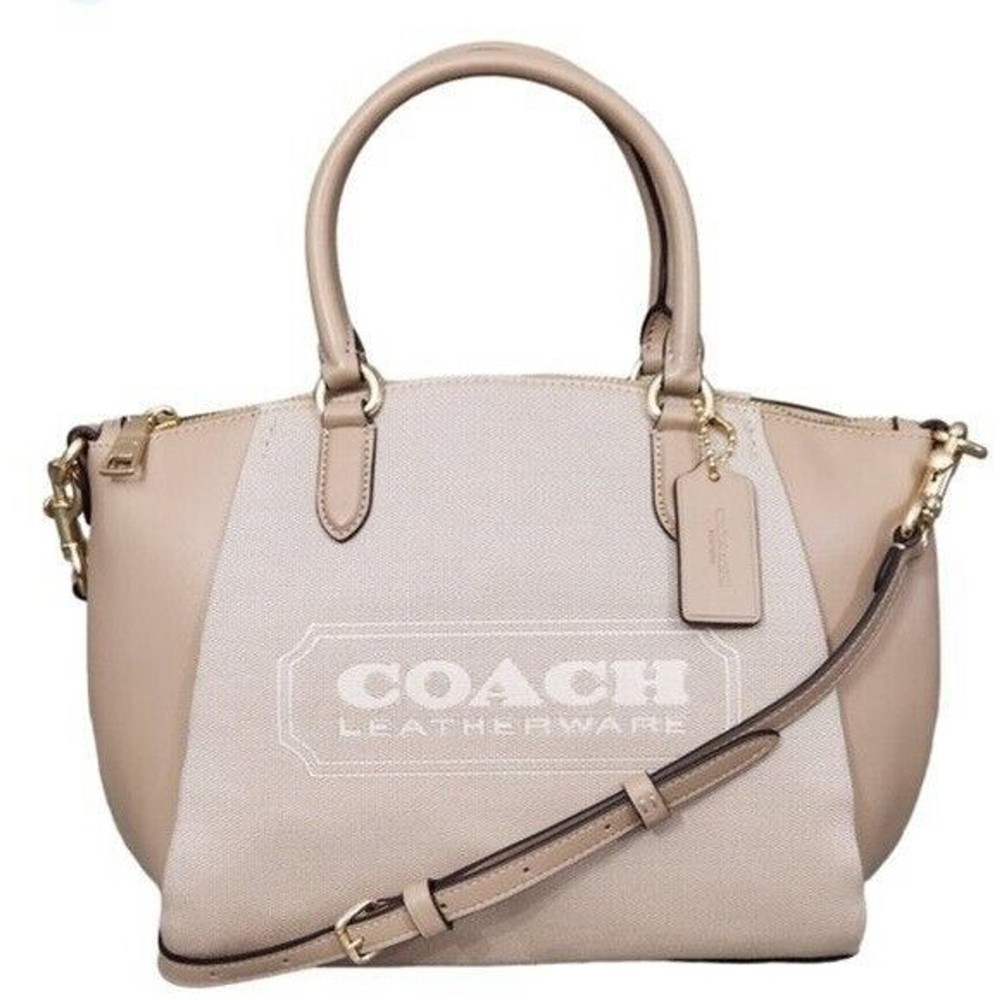 Coach Elise  Badge Jacquard Chalk Taupe Satchel Shoulder Bag, purse,