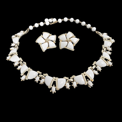 Kramer White Floral  Necklace & Earrings Link With Milk Glass Beads Cabochons