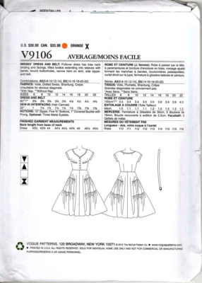Vogue V9106 Misses 14 to 22 Circa 1952 Pullover Dress UNCUT Sewing 