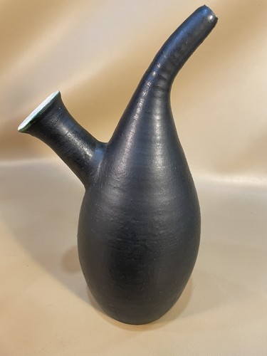 Vintage Raku Style Pottery Black Green Ceramic Double Spout Vase Signed 11” - Picture 5 of 7
