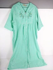 Granny Core House Coat / Robe Vintage Green White Stripe Womens L