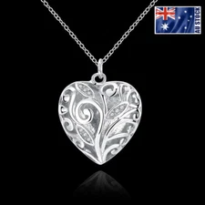 New 925 Sterling Silver Filled Hollow Heart Locket Charm Pendant Necklace Chain