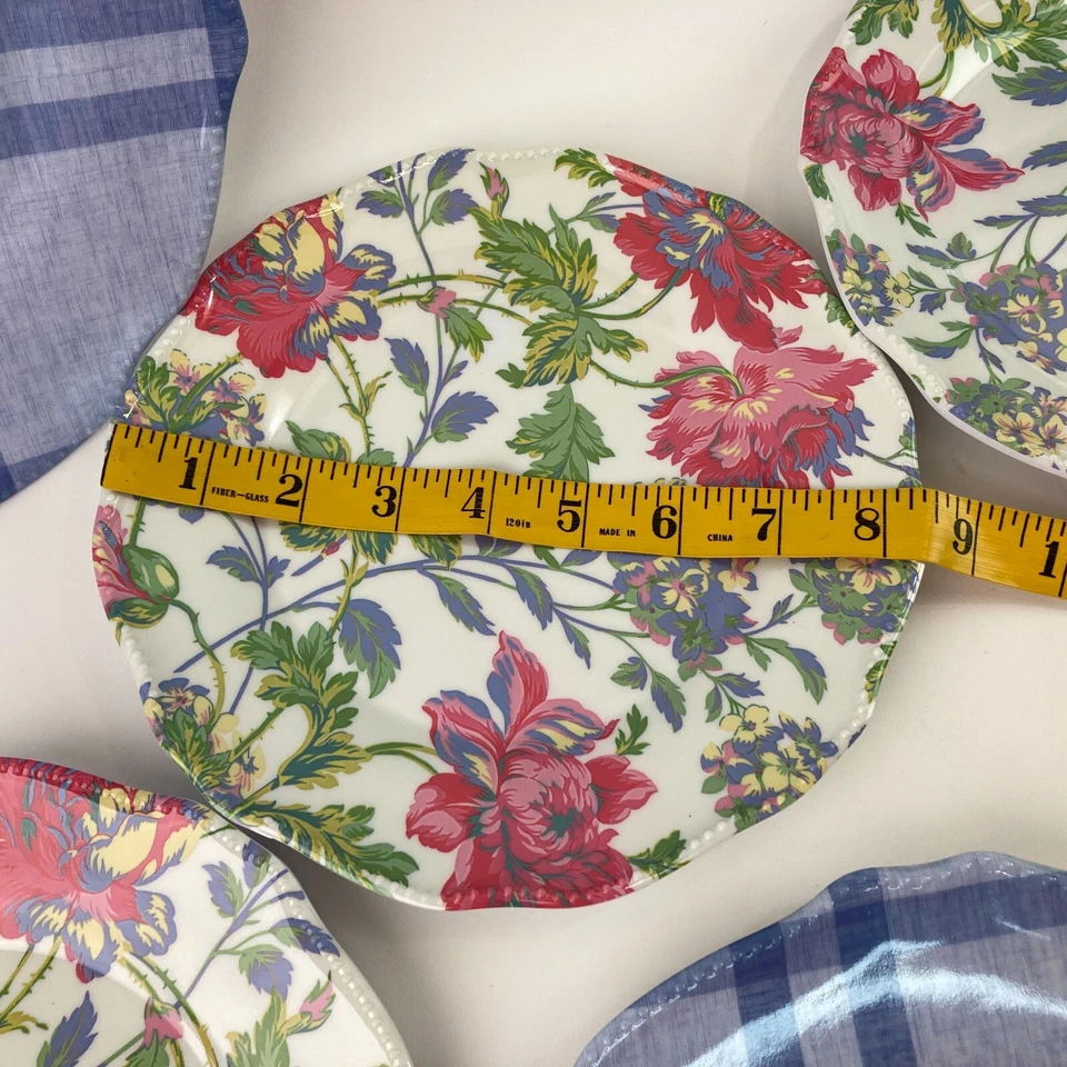 Set of 8 April Cornell Melamine Plates Blue Plaid Pink Floral Dinner Luncheon - Image 4 of 4