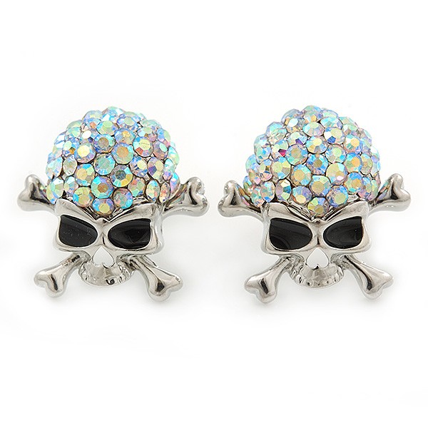 AB Crystal 'Skull & Crossbones' Stud Earrings In Rhodium Plating - 20mm Length