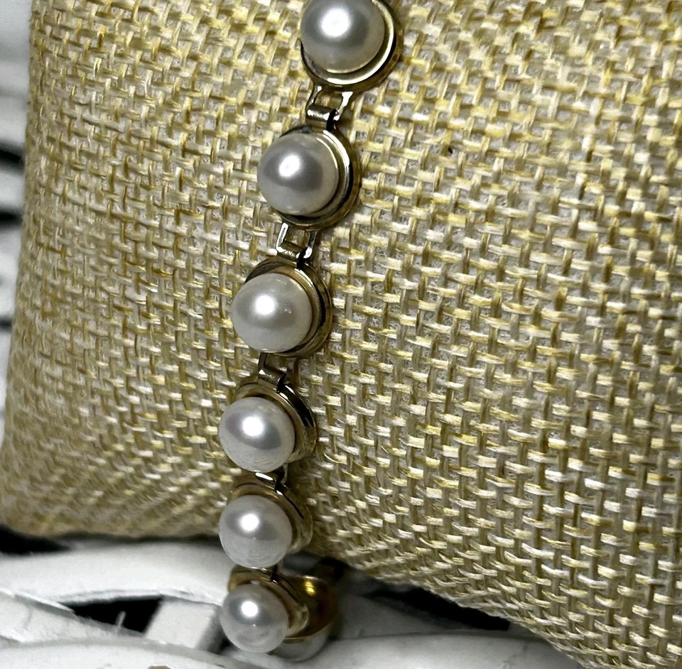 C1 10K Solid Yellow Gold Tennis Bracelet White Pearl Gemstones Tennis Bracelet - Image 2 of 4