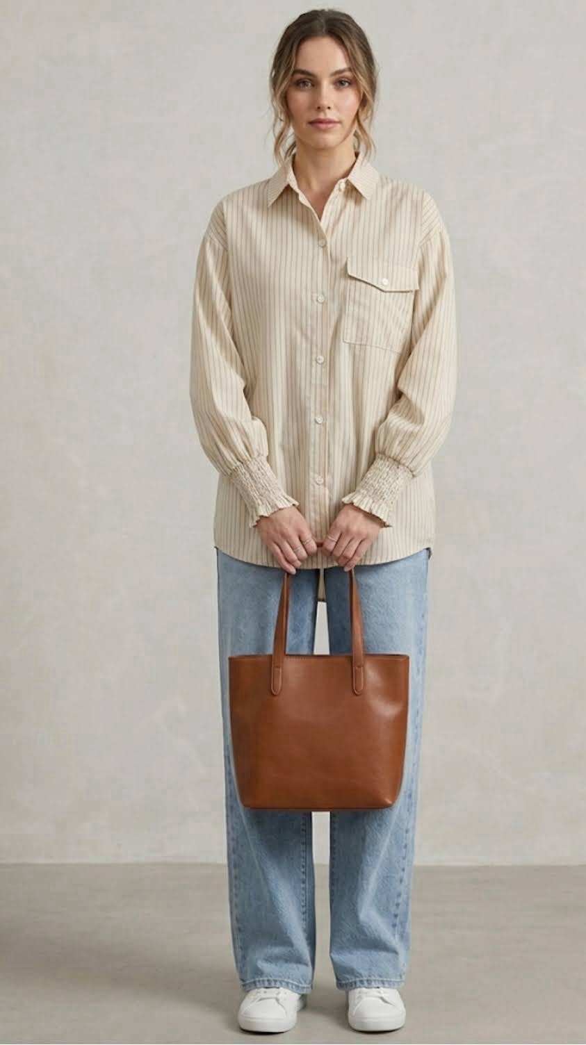 Oversized Striped Button Down Shirt Plus Size 2XL Smocked Cuff Long Sleeve Beige