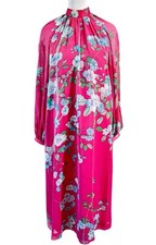 HANAE MORI Vintage Pink Blue Floral Chiffon Shift Dress Women Size 6 Open Sleeve