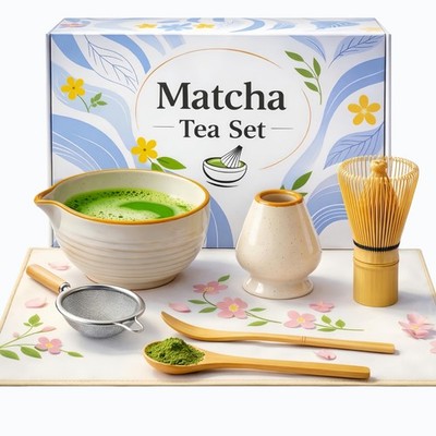 Matcha Set, 7-Piece Japanese Matcha Kit with Ceramic Bowl, Bamboo Whisk, Cera...