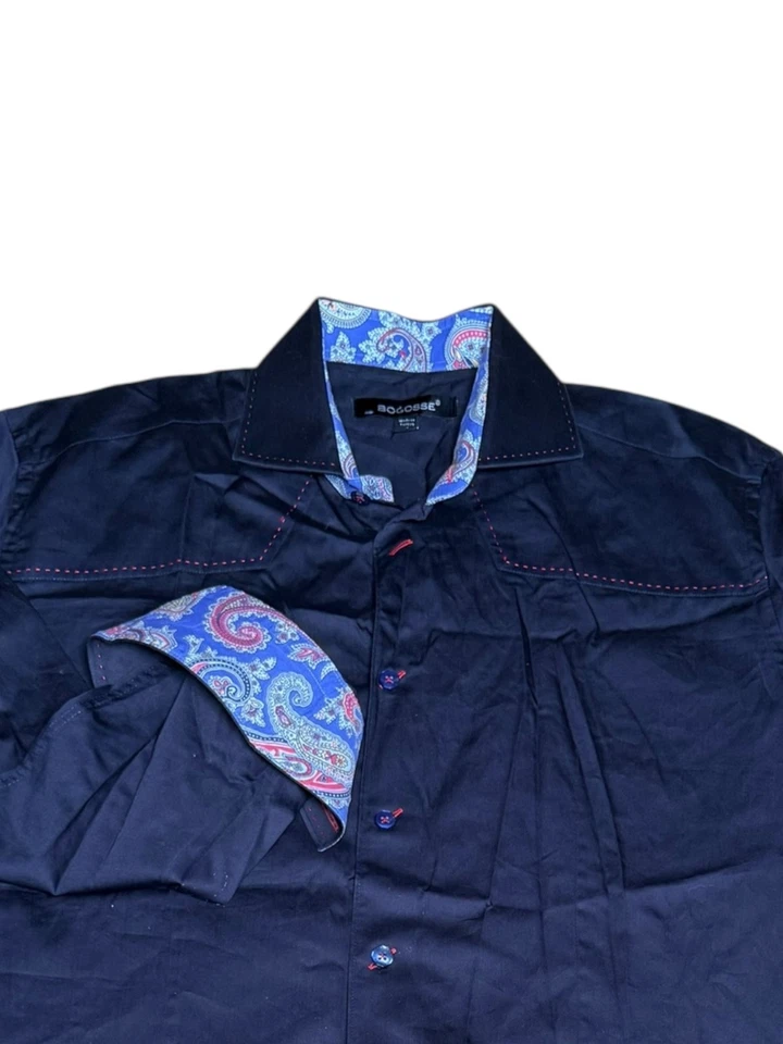 Bogosse Dress Shirt Mens Large Navy Red Stitch Paisley Trim Western Long Sleeve - Image 3 of 3